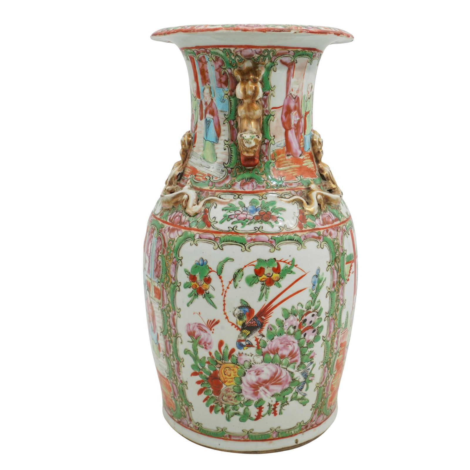 Antique Chinese Famille Rose Porcelain Vase: Antique Chinese Famille Rose Porcelain VaseLate 19th-early 20th century, ChinaA Chinese famille rose style porcelain vase with hand-painted court scenes and decorative floral motifs. Affixed gilt drag