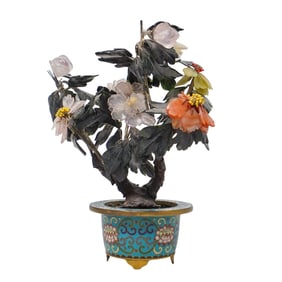 Chinese Carved Stone Bonsai in Cloisonne Pot