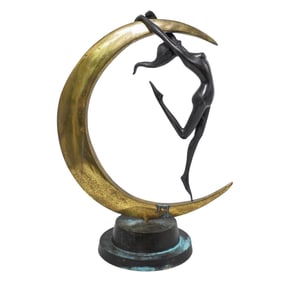 Art Deco Style Female and Crescent Moon Bronze Sculpture