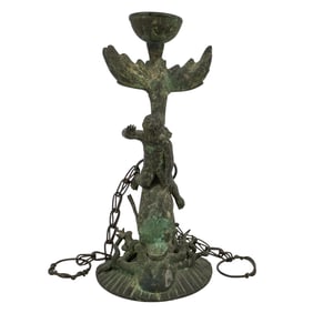 Antique Roman Eros Riding A Dolphin Bronze Candle Stick