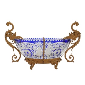 Bohemian Bronze Dragon Mounted Cobalt Cut Crystal Centerpiece Bowl
