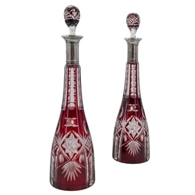(2 Pc) Bohemian Cut Glass Liquor Decanters W/ 800 Silver Neck
