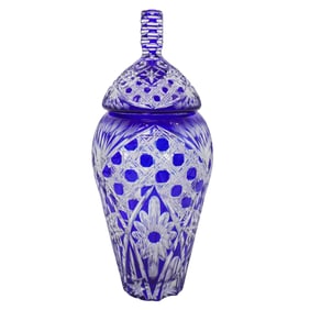 Czech Cobalt Crystal Cut To Clear Lidded Vase