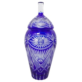 Czech Cobalt Crystal Cut To Clear Lidded Vase