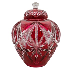 Czech Cranberry Cut To Clear Crystal Lidded Urn