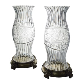 (2 Pc) Pair of Cut Glass & Brass Hurricane Lamps