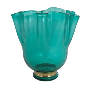 Aquamarine Murano Style Fazzoletto Footed Art Glass Vase
