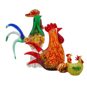 (4 pcs) Art Glass Chickens/Roosters
