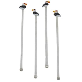 (4 Pc) Murano Glass Puffin Swizzle Sticks