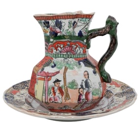 (2 Pc) Antique English Mason Ironstone Porcelain Pitcher & Plate Set