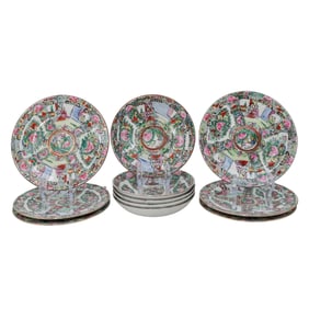 (11 Pc) Chinese Rose Medallion Porcelain Plates & Saucers