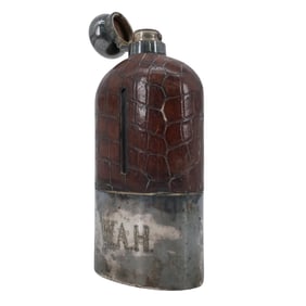 Antique James Dixon & Sons Silverplate and Leather-Bound Glass Flask