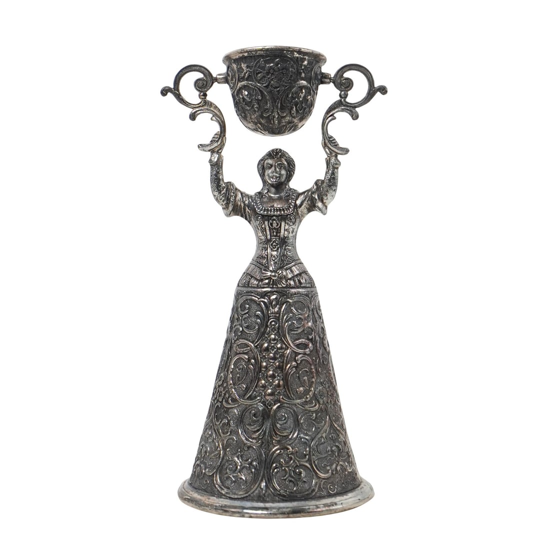 Antique Silver Plate Wager Wedding Bridal Cup: Antique Silver Plate Wager Wedding Bridal Cup Early 20th Century, Continental. Antique silver plate wager wedding bridal cup. Depicts a young girl with a wide long skirt in the form of a cup supportin