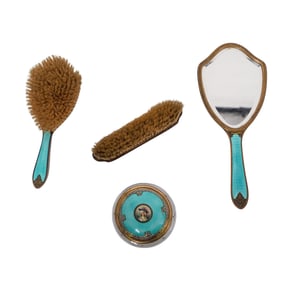 (4 pcs) French Sterling Silver Guilloche Enamel Vanity Set