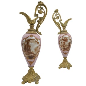 Pair of Signed Gilded Pink Sevres Style Decorative Pitchers