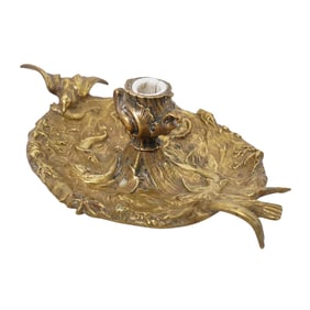 Antique Ornate Brass Fish & Bird Inkwell Tray