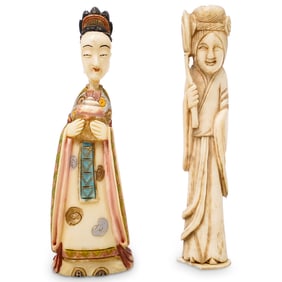 (2 Pc) Antique Chinese Carved Bone Figural Bottles