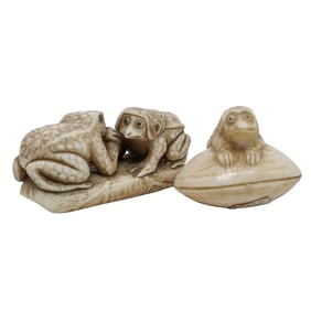 (2 pcs) Japanese Carved Bone Kappa Netsukes