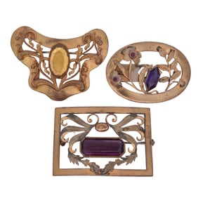 (3 Pc) Art Nouveau Brass Brooches