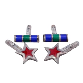 2 Pairs of Thistle & Bee Italian Enameled Sterling Cufflinks