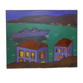 Signed Afro Cuban Coastal Scene On Stretched Canvas