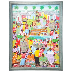 Haitian School Style of Levoy Exil (b. 1944) Oil on Canvas Village Scene