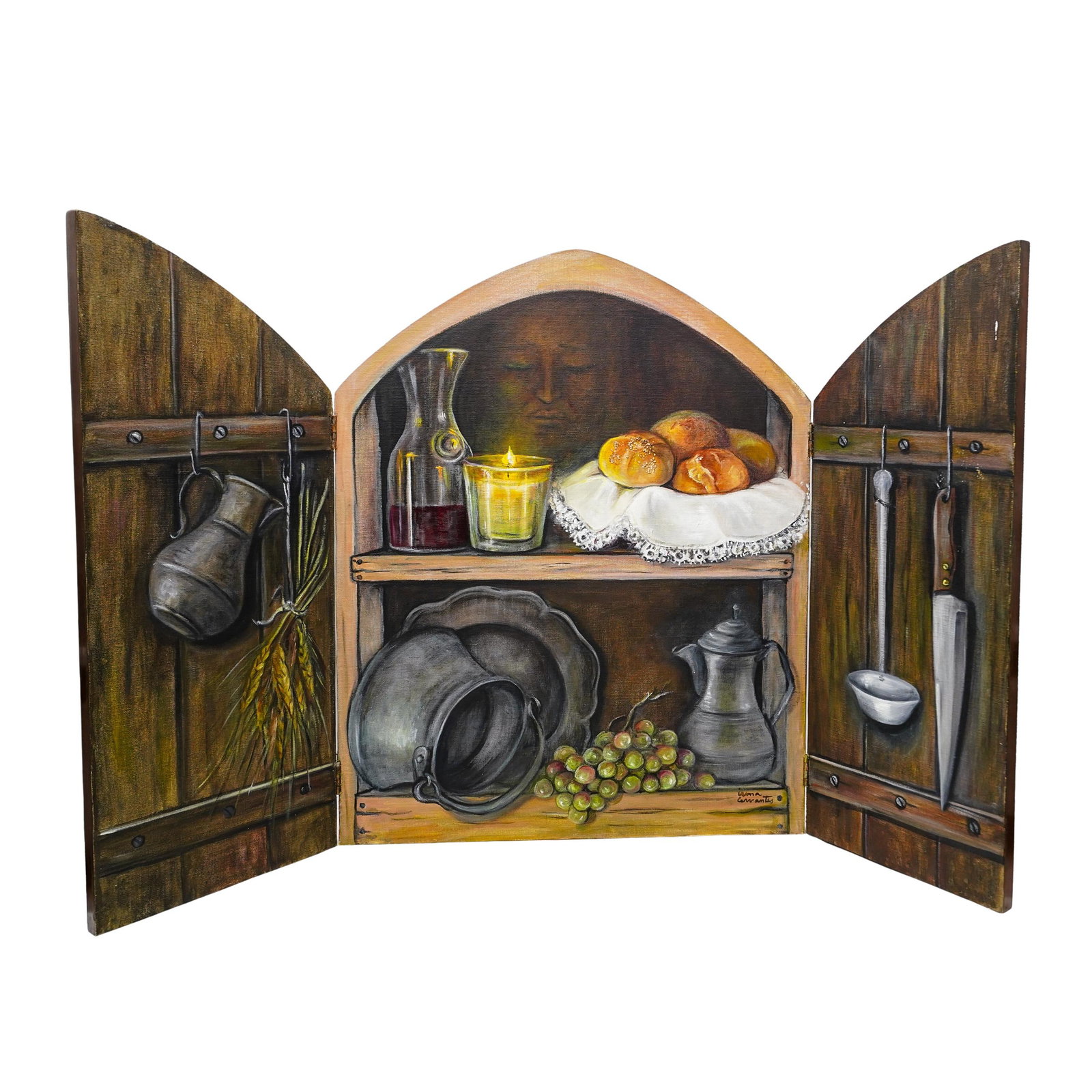 Signed Irma Carranty Oil on Board Triptych: Signed Irma Carranty Oil on Board Triptych 20th century, Europe Wooden triptych with affixed canvas board painted with an oil depiction of a household cabinet with utensils, bread, a candle, wine, pot
