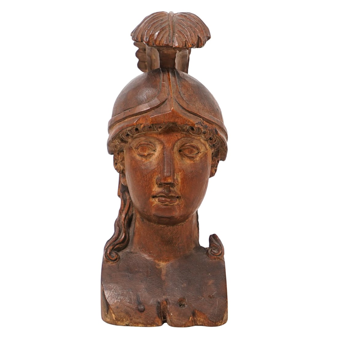 Antique Carved Wood Athena Minerva Goddess Bust: Antique Carved Wood Athena Minerva Goddess Bust Early 20th c., European Hand carved highly detailed wood bust of the goddess Athena/Minerva. H: 8.5" W: 3" L: 3.25"