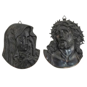 Pair of Christ and Mary Bronze Relief Plaques