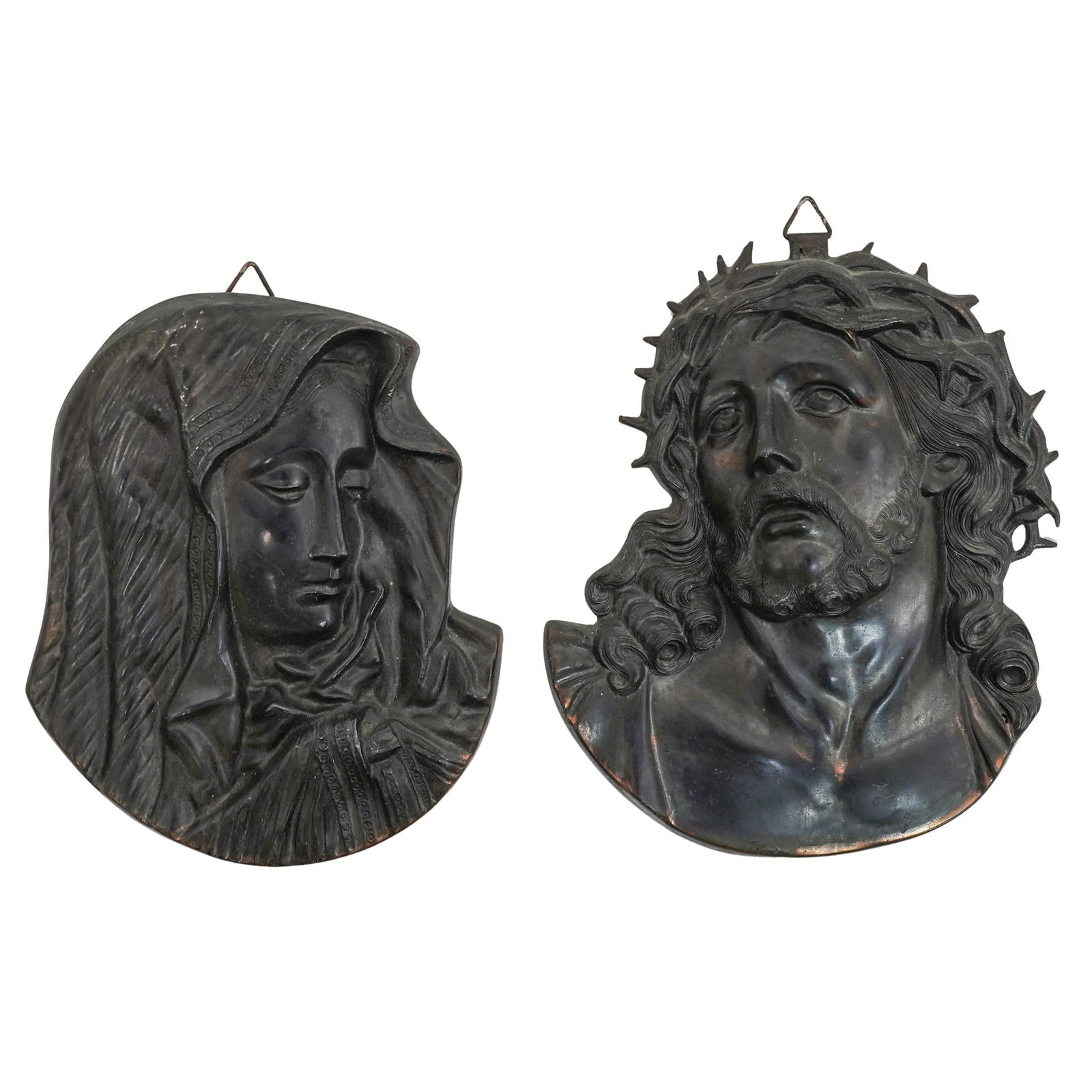 Pair of Christ and Mary Bronze Relief Plaques (1 of 4)