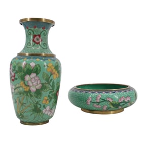 (2 Pc) Green Floral Cloisonné Vase and Bowl