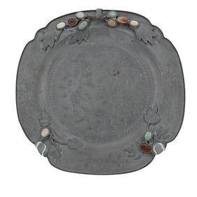 Antique Chinese Floral Engraved Pewter & Gemstone Plate