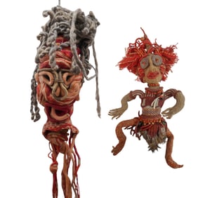 (2 Pc) Folk Art Natural Fibers Soft Sculpture Head & Doll Textile Art