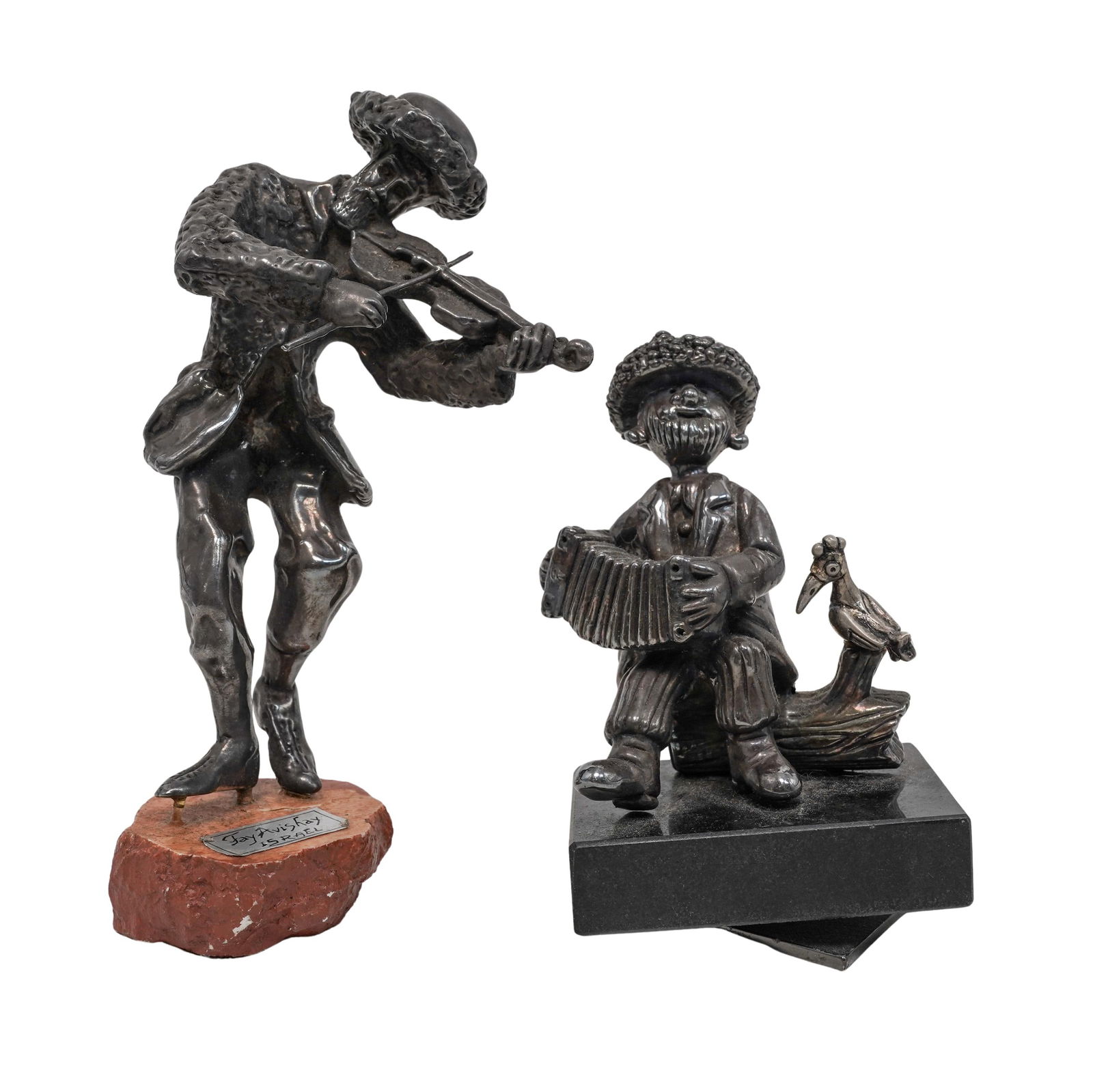 (2 pcs) Sterling Frank Meisler and Fay Avishay Musical Figures: (2 pcs) Sterling Frank Meisler and Fay Avishay Musical Figures20th century, IsraeliA two-piece set of Israeli sterling silver instrument players. Features one violinist by Fay Avishay. Marked "925" wi