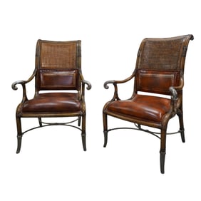 Pair of Maitland Smith Leather Caned Armchairs