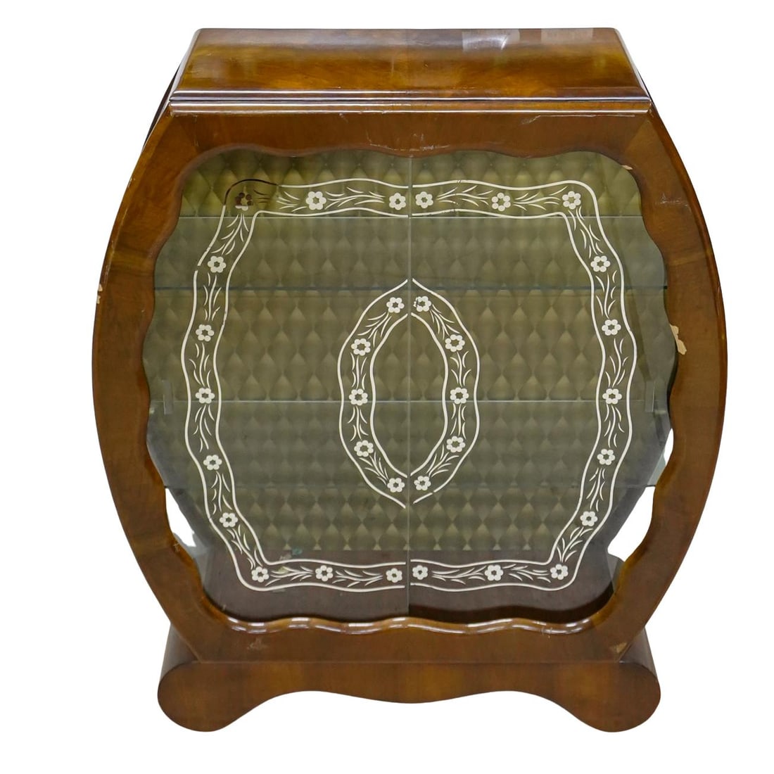 Art Deco Walnut Display Cabinet: Art Deco Walnut Display Cabinet1920s-1930s, EuropeanAn Art Deco walnut display cabinet with two glass shelves and doors. Glass is adorned with a silvered veneer floral pattern, completed with an olive