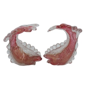 Pair of Archimede Seguso Pink & Gold Murano Glass Fish Figurines