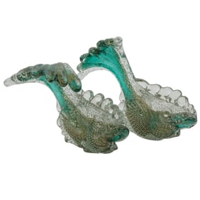 Pair of Archimede Seguso Green & Gold Murano Glass Fish Figurines