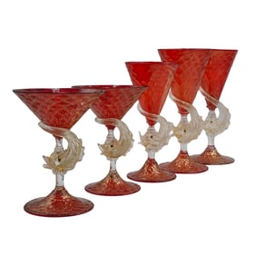 (5 Pc) Venetian Salviati Glass Stemware Goblets Set