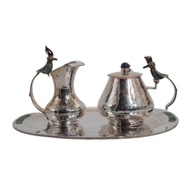 (3 Pc) Los Castillos Silverplate & Semi-Precious Stone Inlay Tea/Coffee Service