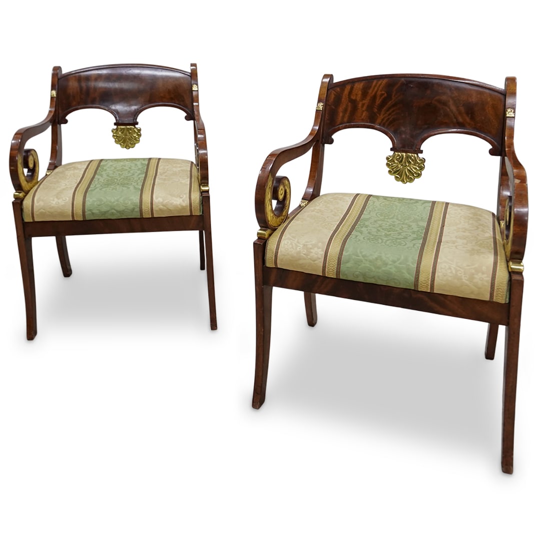 Pair of Antique Beidemier Style Wood Chairs: Pair of Antique Beidemier Style Wood Chairs 19th Cent, USA Pair of Antique Beidemier wood chairs Features gilt accents among the open work backrest and scrolling armrests. H:31” W: 22.75” 