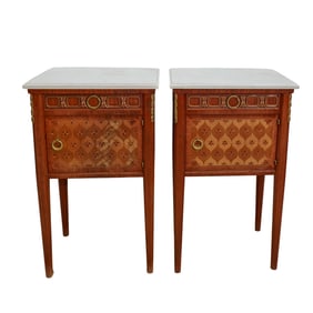 Pair of Antique Marquetry Wood and Marble Nightstands