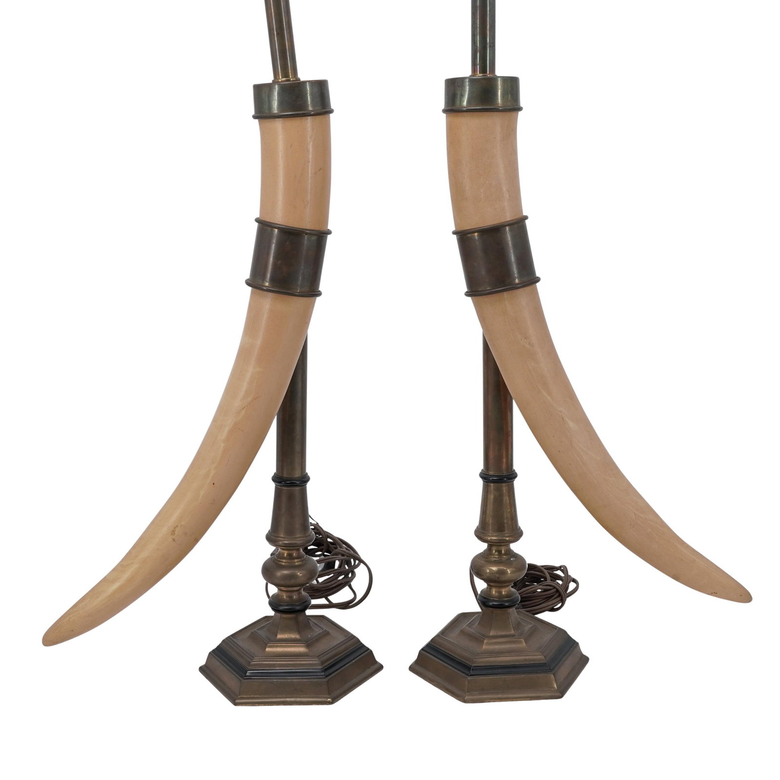 Pair of Chapman Co. Faux Horn & Brass Table Lamps: Pair of Chapman Co. Faux Horn & Brass Table Lamps Early to mid 20th Century, American A pair of Chapman Company (established 1907, American) faux horn/tusk and brass table lamps. One is marked with Ch