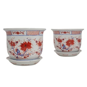Pair of Chinese Imari Porcelain Jardiniere and Underplates