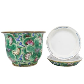 (3 Pc) Chinese Famille Verte Porcelain Jardiniere & Under plates