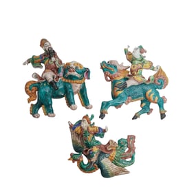 (3 Pc) Chinese Sancai Pottery Warrior Roof Figurative Tiles