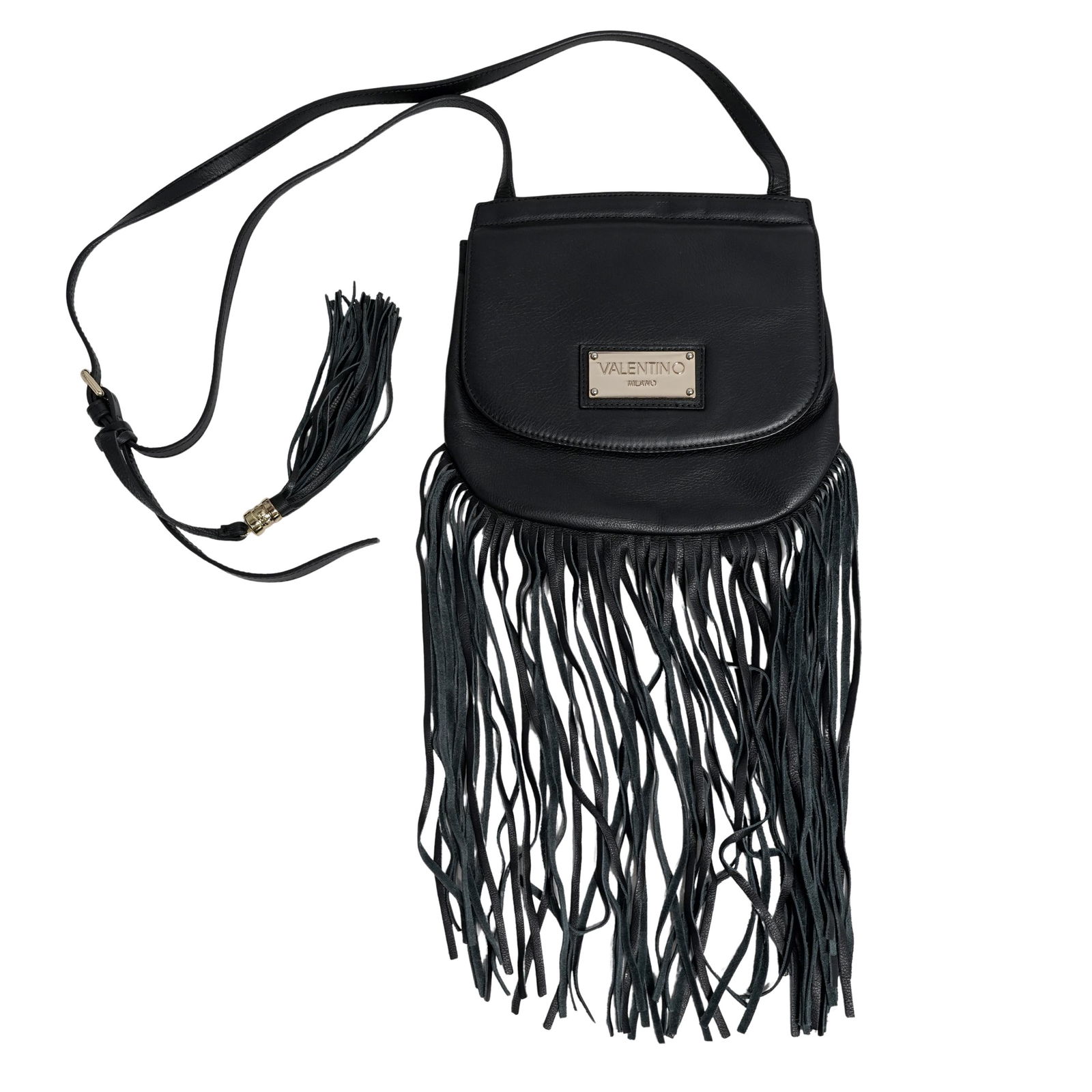 Black Leather Valentino Crossbody with Fringe (1 of 8)