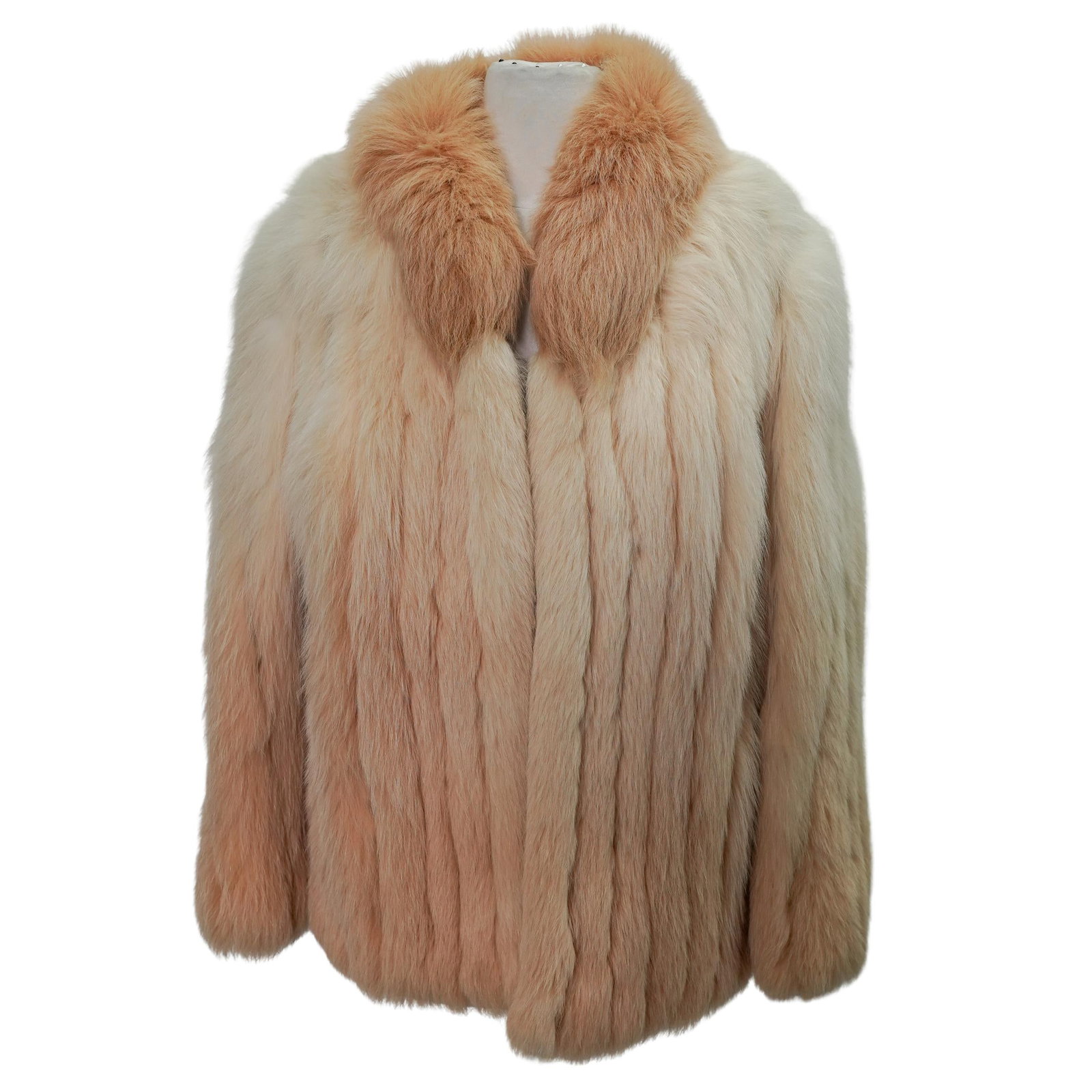 Vintage Furs by Cini Peach Hued Fox Blended Fur Jacket: Vintage Furs by Cini Peach Hued Fox Blended Fur Jacket 20th Century, American. Vintage peach dyed blended fox jacket by Furs by Cini, from Staten Island, New York. With embroidered monogram " Helen Ta
