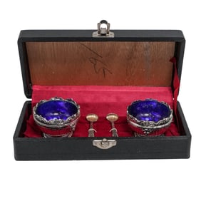 Japanese Silver Leaf and Cobalt Salt Cellars and Spoon w/box