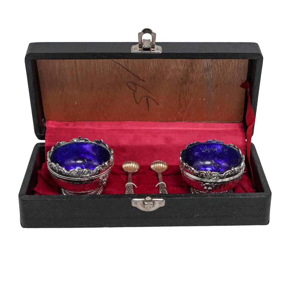 Japanese Silver Leaf and Cobalt Salt Cellars and Spoon w/box (1 of 9)